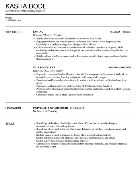 Art Teacher Resume Samples | Velvet Jobs