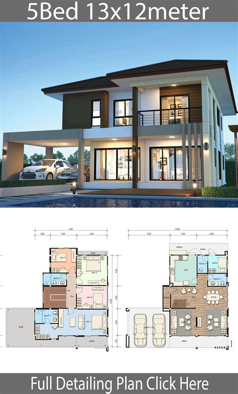 House design plan 13x12m with 5 bedrooms - House Idea | Beautiful house ...