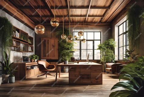 Premium Photo | An office with wood ceiling furniture and some plants