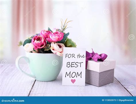 Mother`s Day Greeting Card. Flowers and Gift Box. Stock Image - Image ...