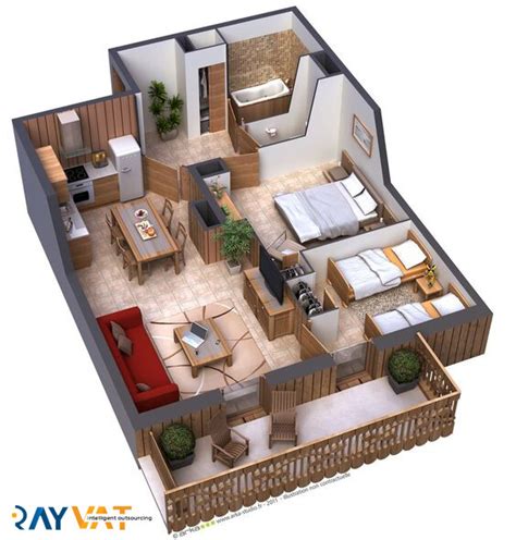 Praveen Bharadvaj - 2 Bedroom Apartment Floor Plan 3D