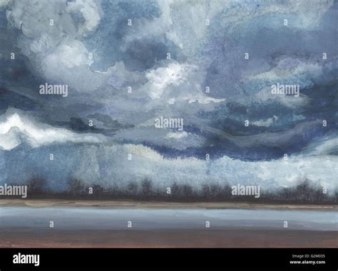 Dramatic sky. Dark clouds. Rainy evening at the seashore. Watercolor ...