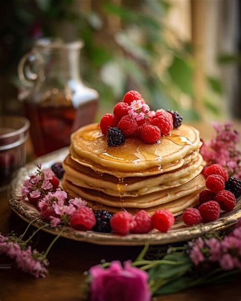 Premium AI Image | pancakes with berries and syrup on a tray with syrup ...