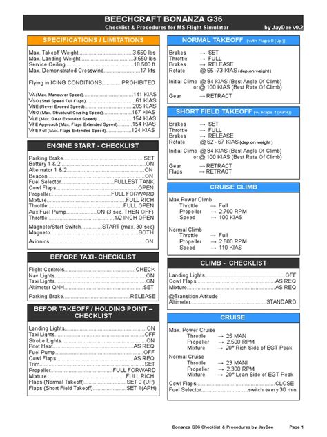 Beechcraft Bonanza G36 Checklist and Flight Procedures: A Comprehensive ...