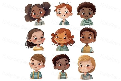 Smiling cartoon kids faces, happy children avatars icons set