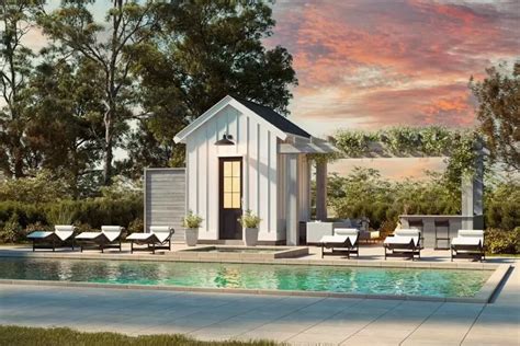 1-Story Modern Farmhouse Style Pool House with Pergola-Covered Lounge ...