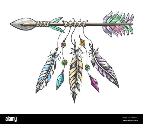 Hand drawn arrow with feathers. Tribal boho indian talisman isolated on ...