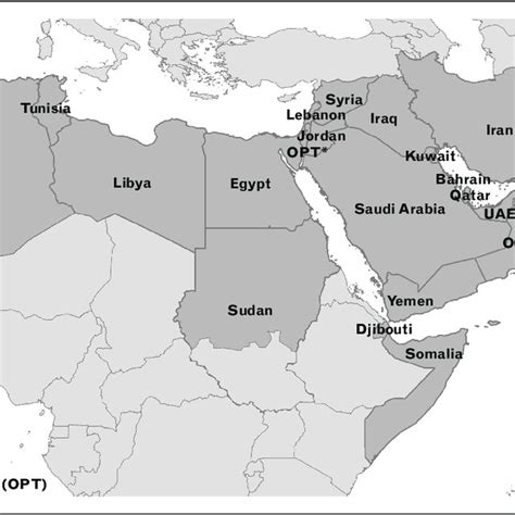 Map of the MENA region including the countries that are covered in this ...