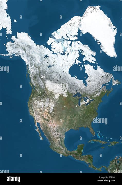 Satellite view of North America in winter, with partial snow cover ...