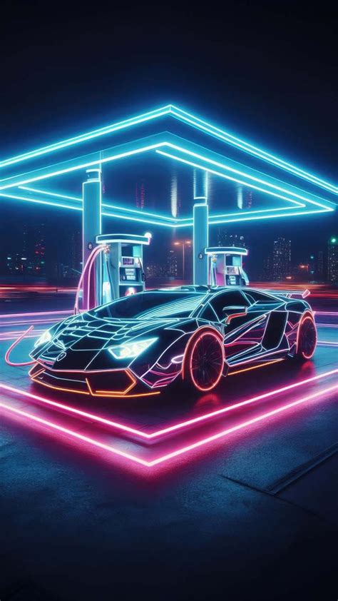 a futuristic car is parked in front of a gas station at night with neon ...