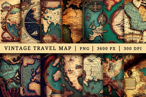 Vintage Travel Map printable digital scrapbook paper bundle