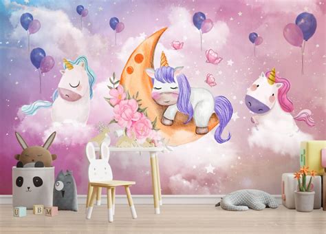 Unicorns & Balloons Wallpaper Mural In Rainbow Colours | Silk Interiors ...