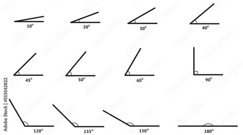 Angle degree grade icon. Angle 10, 20,30, 40, 45, 60, 90, 120, 135, 150 ...