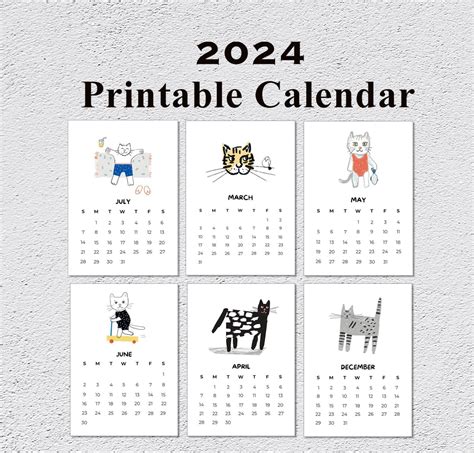 Printable Cat Calendar 2024 Funny Calendar 2024 Calendar 2024 Monthly ...