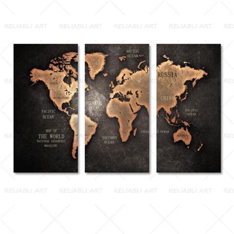 3 Panels World Map Canvas Paintings – Original Frame