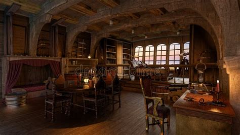 Old Wooden Pirate Ship Captain`s Cabin Interior. 3D Rendering Stock ...