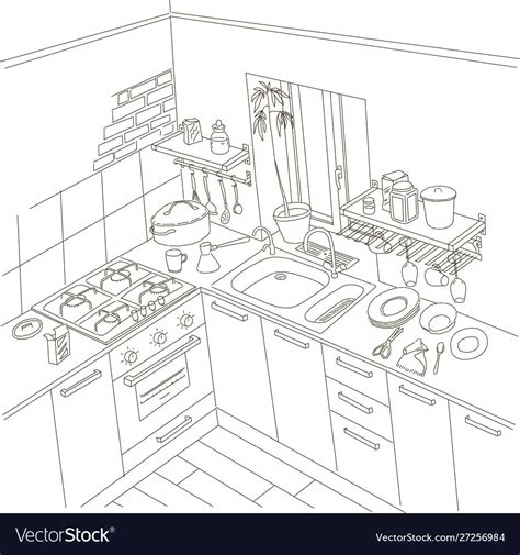 Kitchen anime background style line drawing art Vector Image