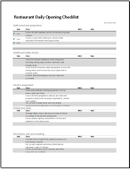 Restaurant Daily Opening Checklist | Download Template