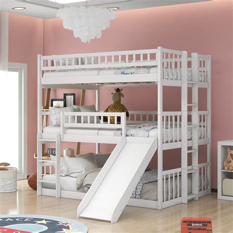 Triple Bunk Bed with Slide, Full Over Full Over Full 3 Bunk Beds, Wood ...