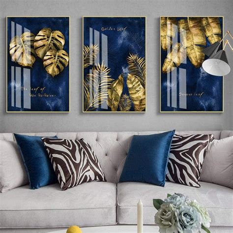 3 Pieces Picture Set Nordic Luxury Navy Blue Gold Abstract Leaves Vein ...