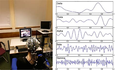 Set-up of a participant with EEG and an overview of EEG frequency bands ...