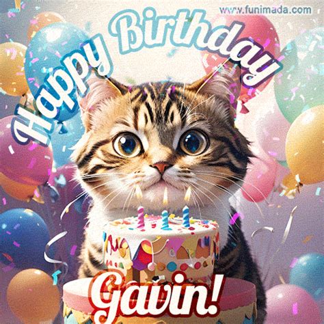 Happy birthday gif for Gavin with cat and cake | Funimada.com