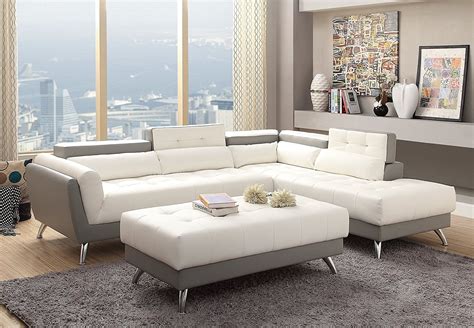 Modern White and Light Grey Bonded Leather Sectional Sofa Set with ...