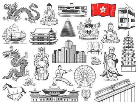 Hong Kong religion and culture symbols, landmarks 24082720 Vector Art ...