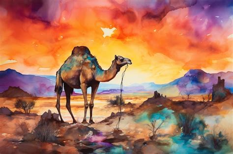 Premium Photo | Painting of a camel in a desert with a sunset in the ...