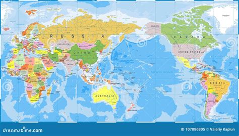 World Map Color Detailed - Asia in Center Stock Illustration ...