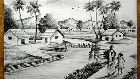 Scenery Drawing Pencil, Pencil Sketches Landscape, Landscape Drawing ...