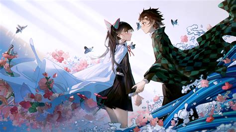 Demon Slayer Kanao Tsuyuri Tanjirou Kamado Standing Around Flowers And ...