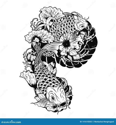 Carp Fish with Lotus Vector Tattoo by Hand Drawing Stock Vector ...