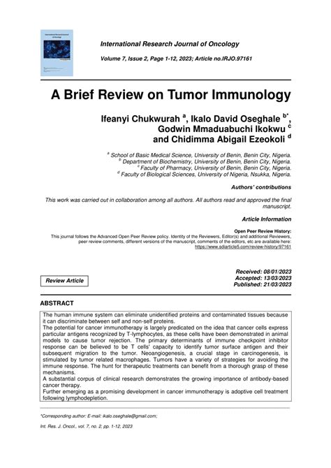 (PDF) A Brief Review on Tumor Immunology