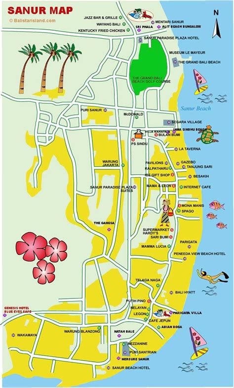 Sanur Map, Denpasar, Bali, Map | Sanur bali, Bali map, Bali travel