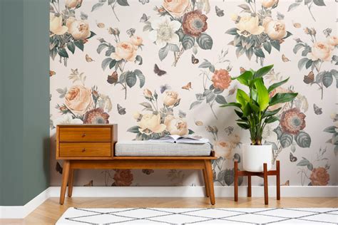 Cream & Orange Vintage Floral Butterfly Wallpaper Mural | Hovia CA