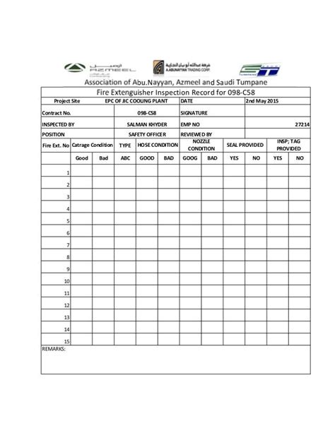 Fire extinguisher monthly checklist report