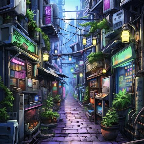 Premium AI Image | Anime city street with a lot of plants and lights ...