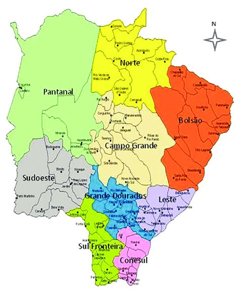 Mapa do estado de Mato Grosso do Sul com suas microrregiões e divisões ...