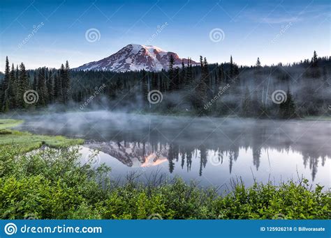 Scenic View of Mount Rainier Reflected Across the Reflection Lakes ...