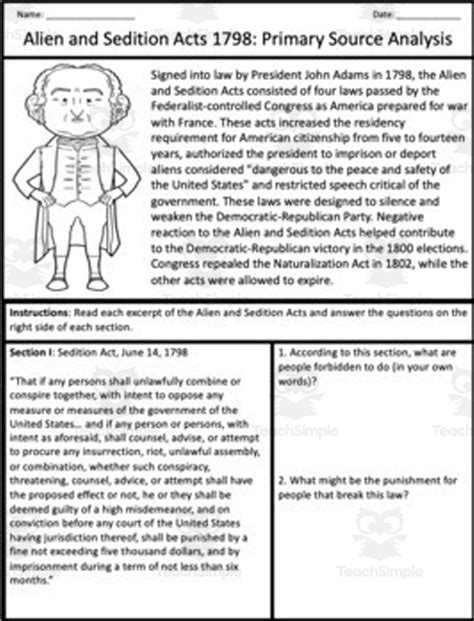 The Alien and Sedition Acts 1798: Primary Source Analysis by Teach Simple