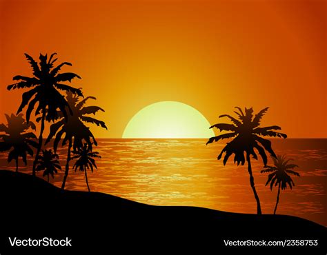 Sunset view in beach with palm tree Royalty Free Vector