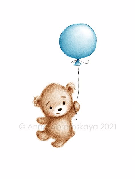 The Drawing of Cute Teddy Bear With Blue Balloon. Printable Art ...