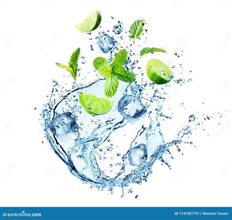 Water Splash with Mint Leaves, Slices of Lime and Ice Cubes Stock Photo ...