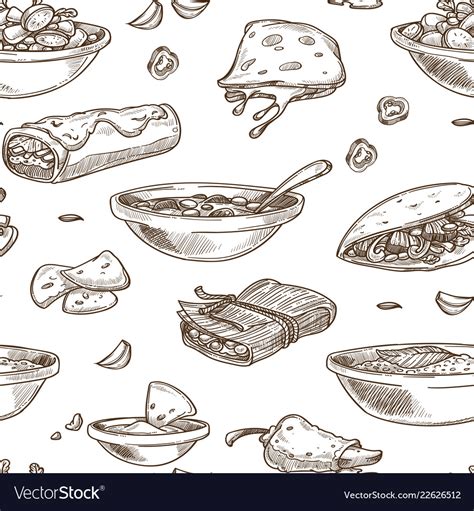 Mexican food cuisine traditional dishes sketch Vector Image