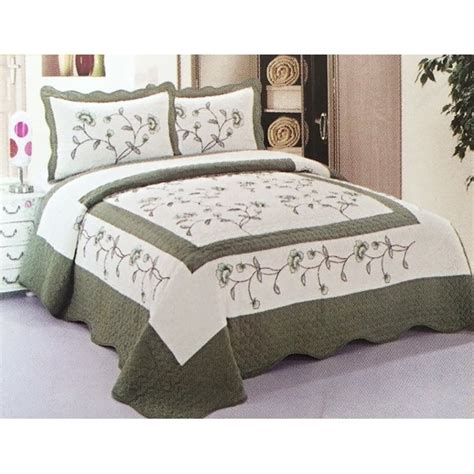 3 Piece King Size Sage Green White Floral Quilt Bedspread Fully Quilted ...