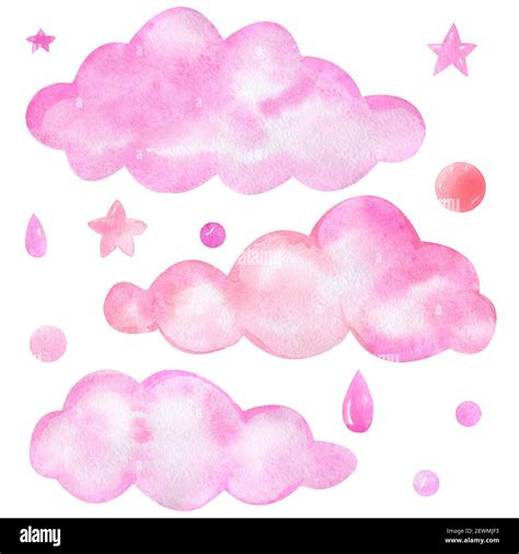 Watercolor pink clouds clipart. A set of elements for the design of the ...