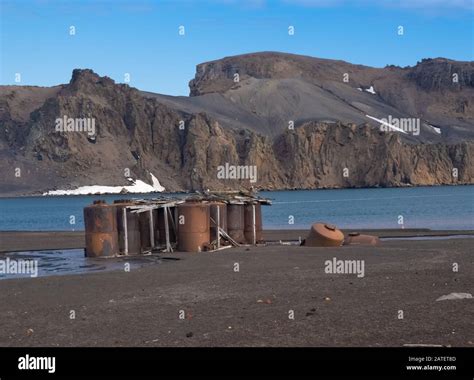 Ruined remains of a historical whaling station destroyed by a volcano ...