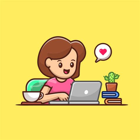 Woman Operating Laptop With Coffee Cartoon Vector Icon Illustration ...