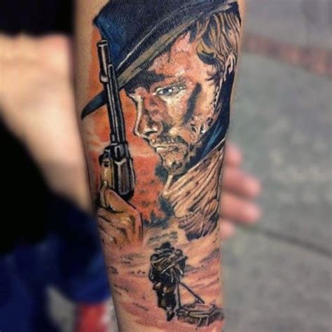 Simple painted colored western style tattoo with cowboy on arm ...